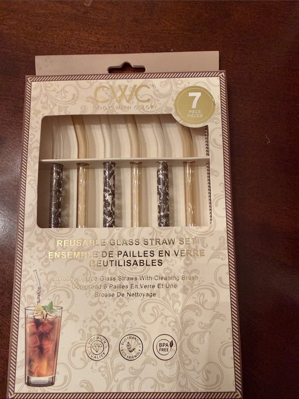 Reusable Glass Straw Set in Gold and Clear with straw cleaner brush - 7 Piece